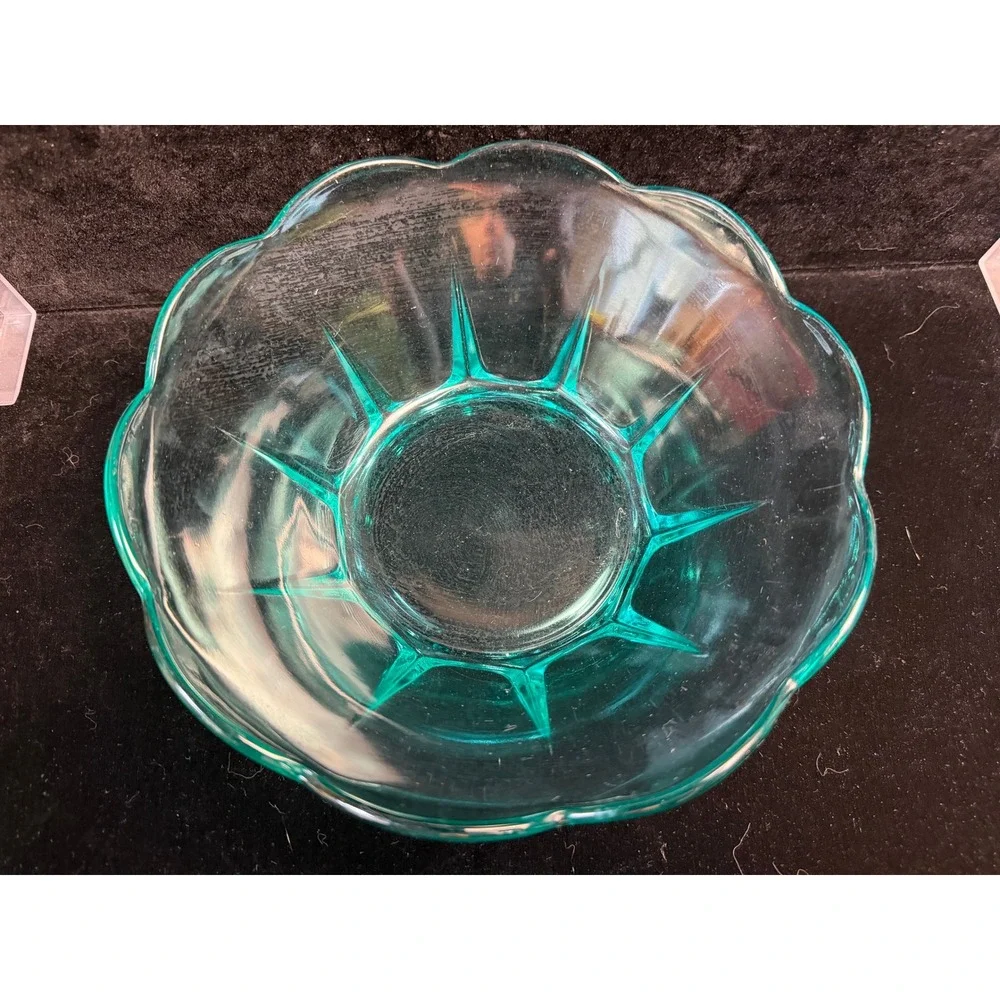 Vintage Teal Glass Scalloped Bowl Aqua Blue Green Serving Dish Centerpiece -‎ 8